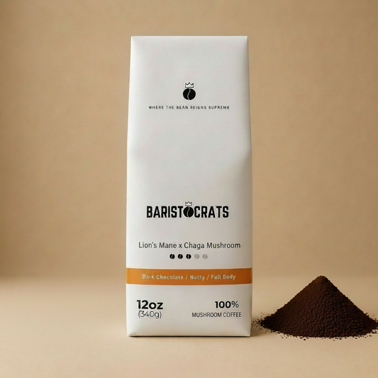 Baristocrats Lion's Mane x Chaga Mushroom ground coffee bag with single pile of ground coffee
