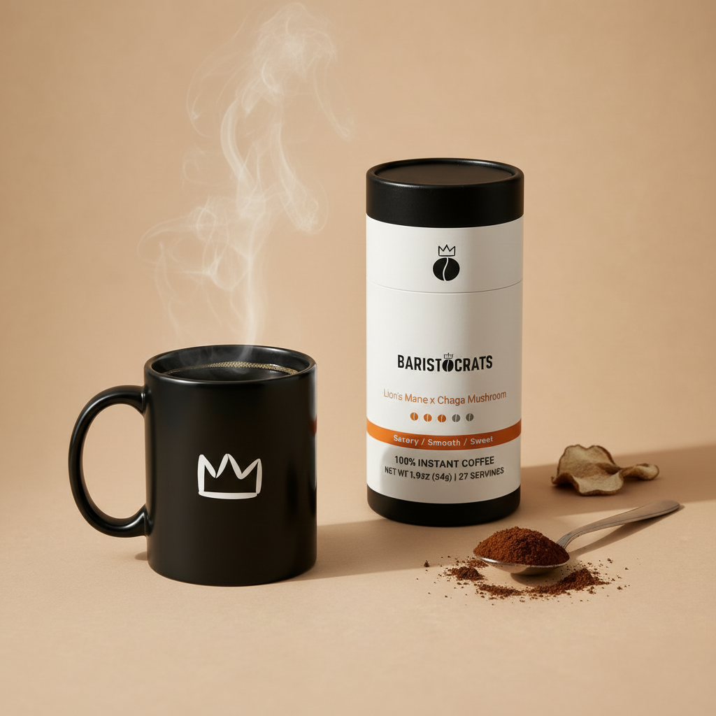Steaming black crown mug of mushroom coffee with Baristocrats canister in background