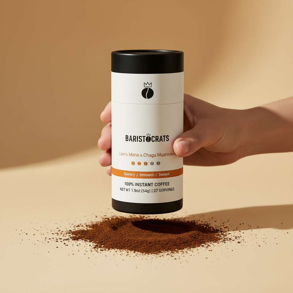 Hand holding Baristocrats Lion's Mane x Chaga canister with powder spilled on surface