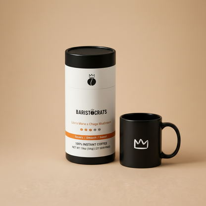 Baristocrats Lion's Mane x Chaga canister with black crown mug scale shot