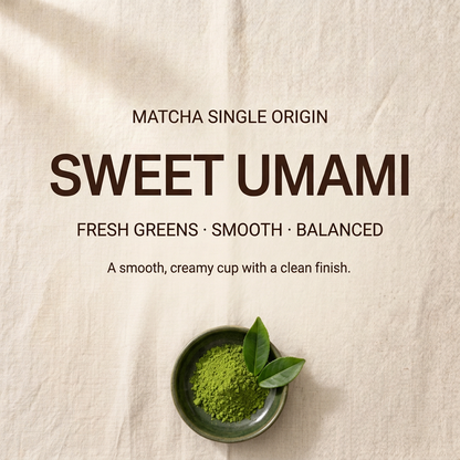 Matcha Single Origin tasting profile: sweet umami, fresh greens, smooth and balanced.