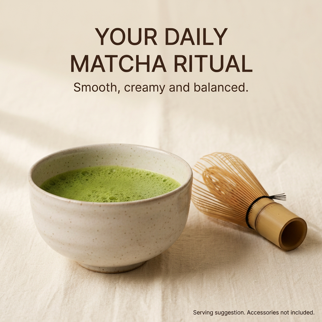 Prepared green matcha in a ceramic bowl beside a bamboo whisk. Serving suggestion; accessories not included.