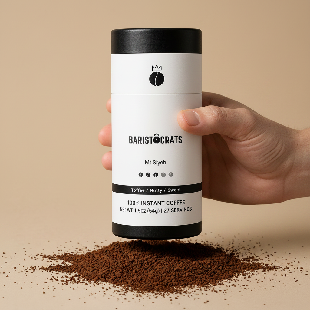 Hand holding Baristocrats Mt Siyeh canister with coffee powder spilled on surface
