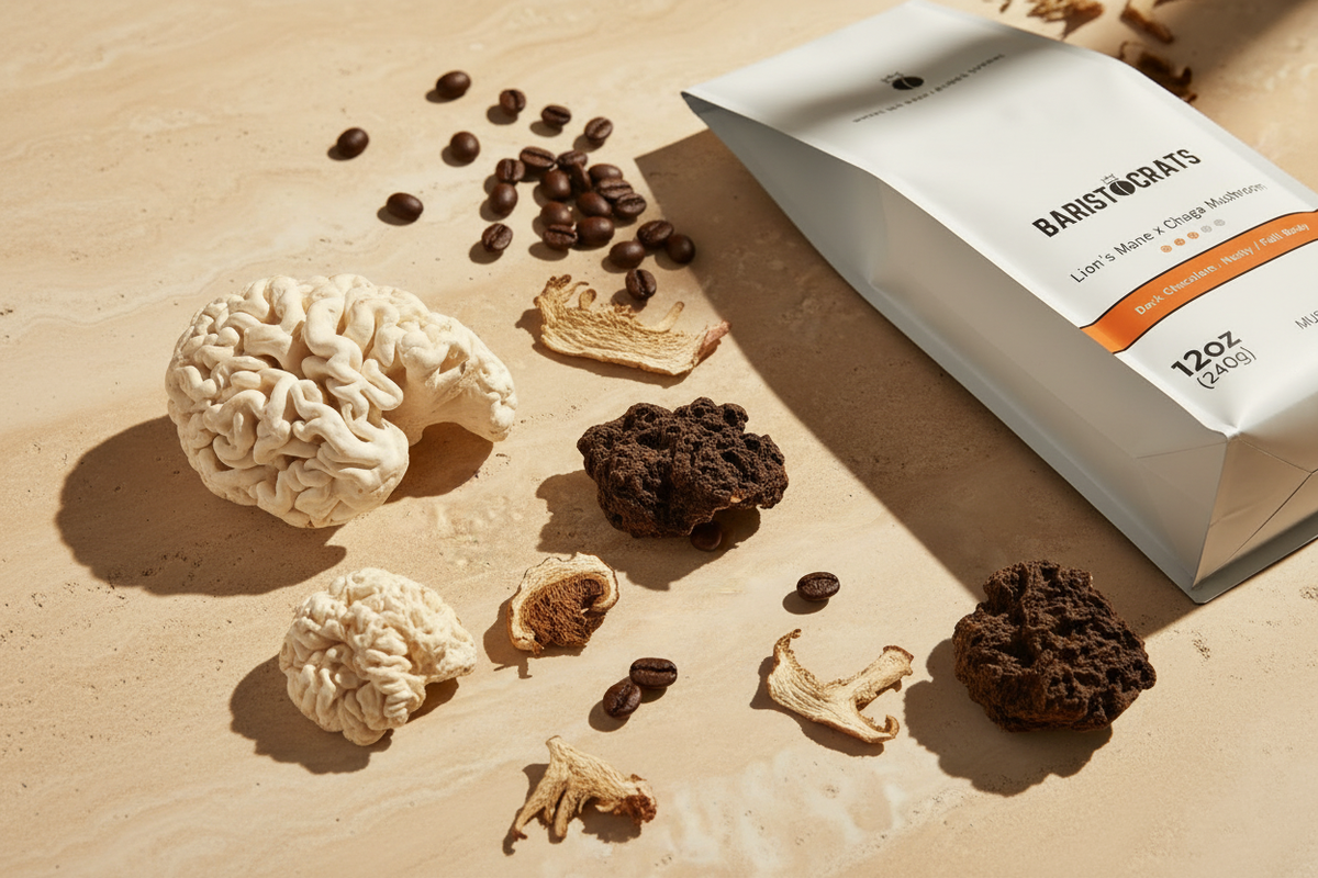 Lion's Mane and Chaga mushroom ingredients with coffee beans