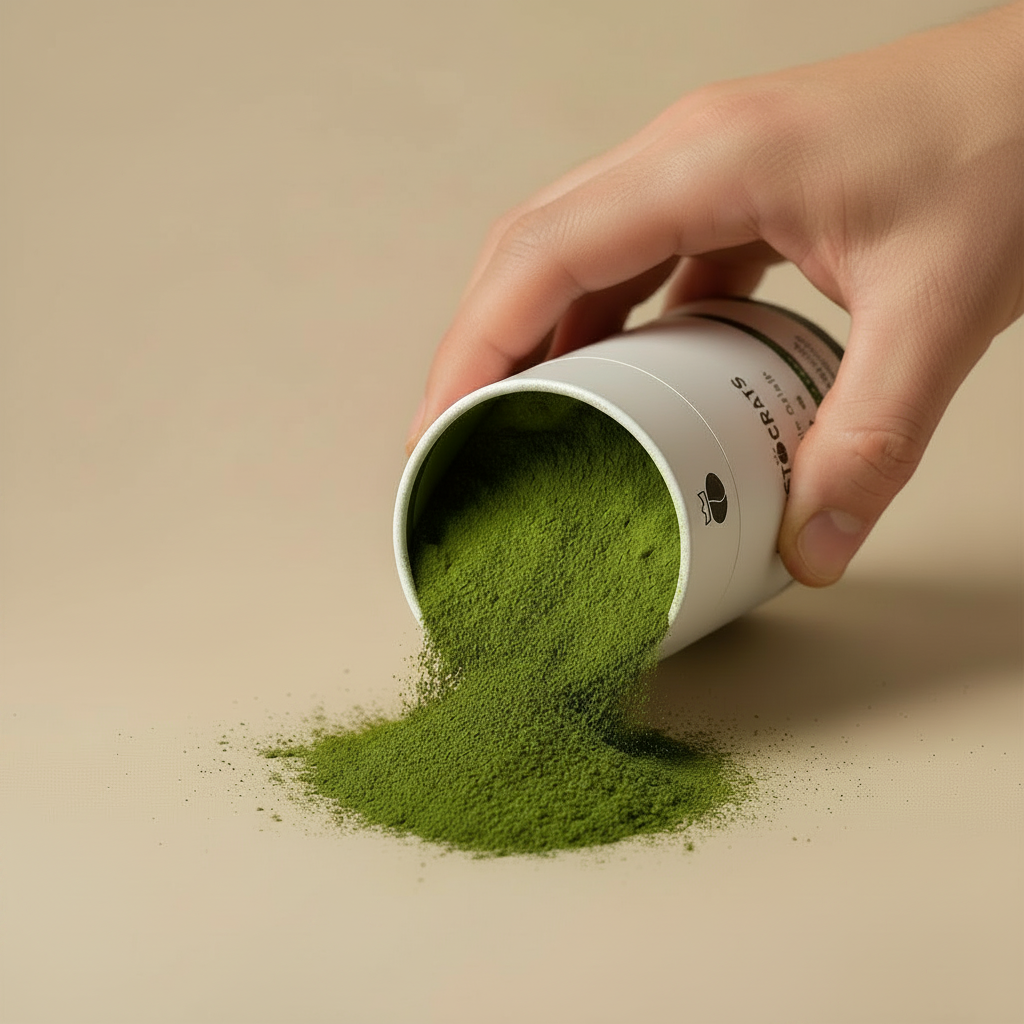 Hand pouring Baristocrats Matcha Single Origin powder onto a worktop