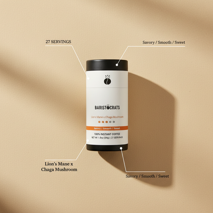 Baristocrats Lion's Mane x Chaga Instant infographic with key product callouts